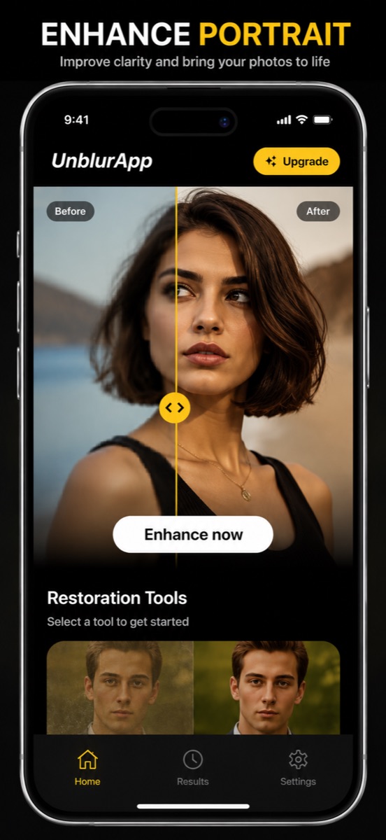 UnblurApp home screen with a before and after slider dragged across a blurry portrait, showing the sharp AI-enhanced half on the right