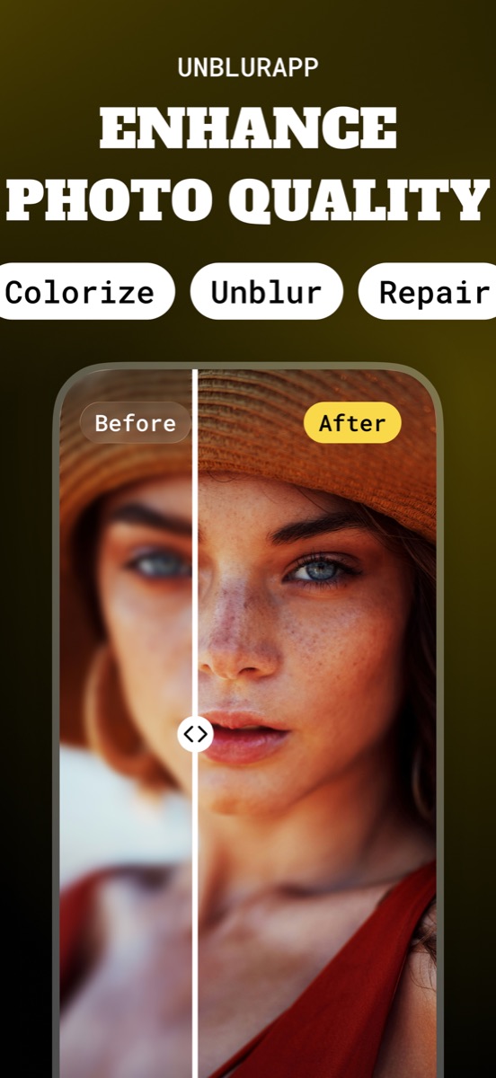 Before and after comparison of an out-of-focus portrait, with freckles and eye detail recovered on the unblurred side
