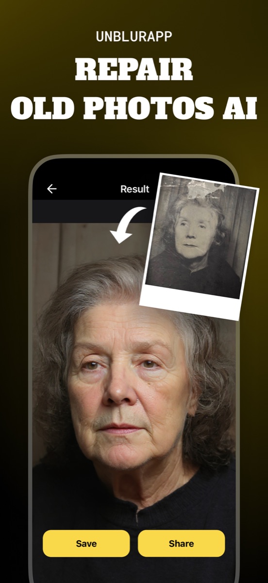 A torn, water-damaged black and white portrait of an elderly woman repaired into a clean high-resolution photo, with Save and Share buttons