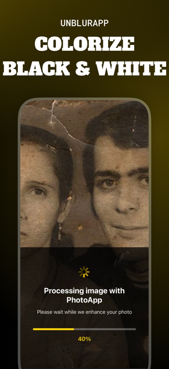 Colorize tool processing a scratched sepia photograph of a young couple, with a progress bar at 40 percent