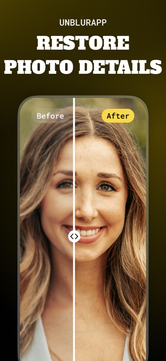 Split comparison of a soft outdoor portrait next to the restored version with sharp hair strands and defined eyes