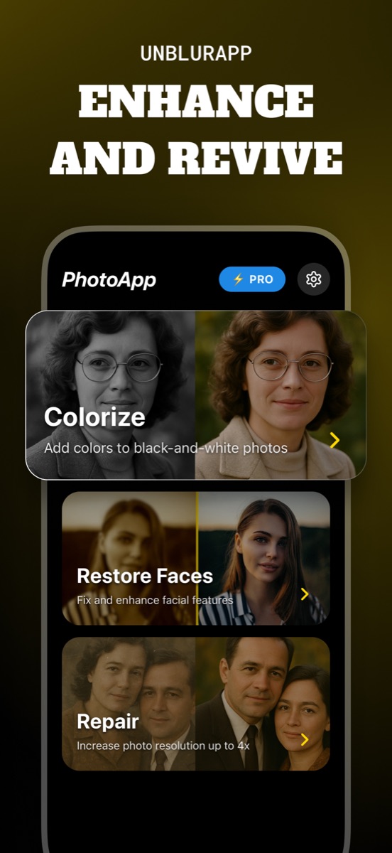 UnblurApp tool list showing Colorize, Restore Faces and Repair cards, each with a before and after thumbnail